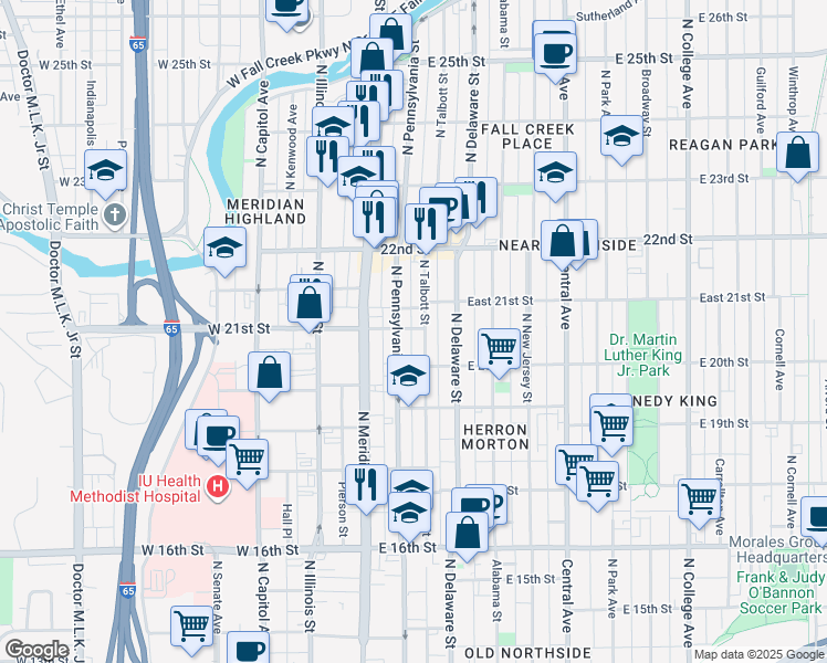 map of restaurants, bars, coffee shops, grocery stores, and more near 115 East 21st Street in Indianapolis