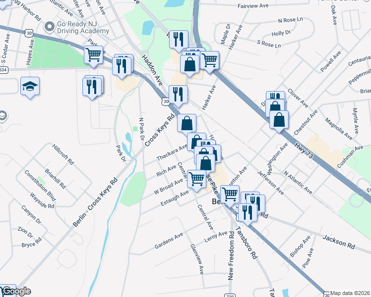 map of restaurants, bars, coffee shops, grocery stores, and more near 3 Thackara Avenue in Berlin