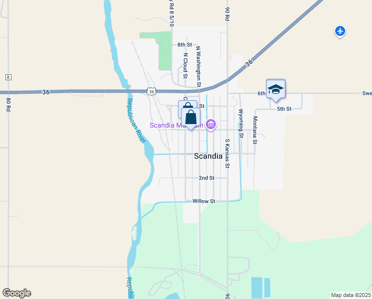 map of restaurants, bars, coffee shops, grocery stores, and more near 304 Cloud Street in Scandia