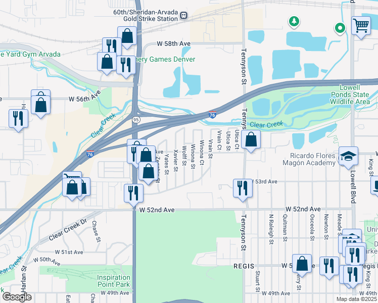 map of restaurants, bars, coffee shops, grocery stores, and more near 326 Winona Street in Arvada
