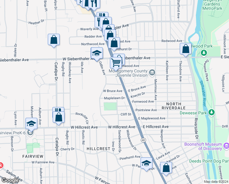 map of restaurants, bars, coffee shops, grocery stores, and more near 38 West Bruce Avenue in Dayton