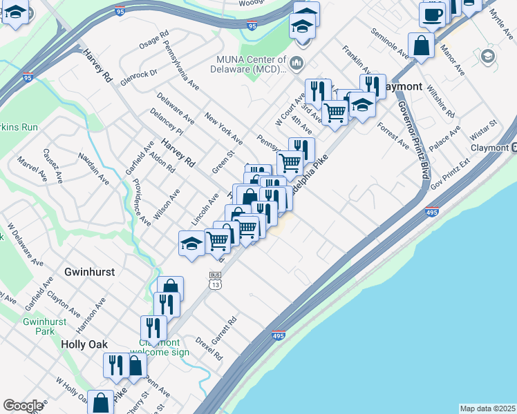 map of restaurants, bars, coffee shops, grocery stores, and more near 2713 Philadelphia Pike in Claymont