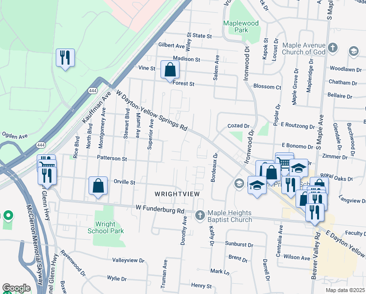 map of restaurants, bars, coffee shops, grocery stores, and more near 1754 Arlin Place in Fairborn