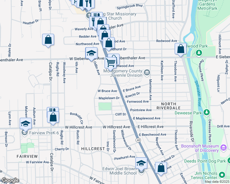 map of restaurants, bars, coffee shops, grocery stores, and more near 30 West Bruce Avenue in Dayton