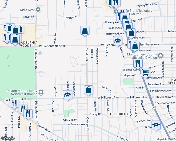 map of restaurants, bars, coffee shops, grocery stores, and more near 2644 Catalpa Drive in Dayton