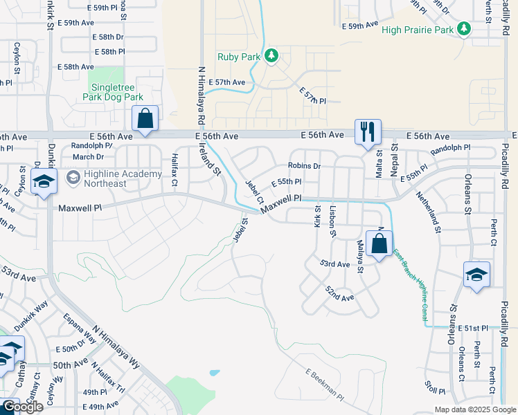 map of restaurants, bars, coffee shops, grocery stores, and more near 5532 Jebel Court in Denver