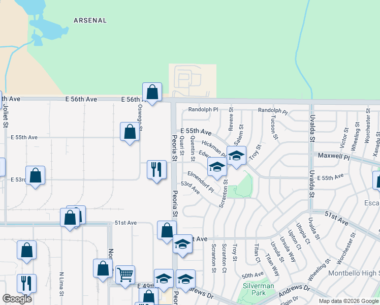 map of restaurants, bars, coffee shops, grocery stores, and more near 12303 Edwards Place in Denver