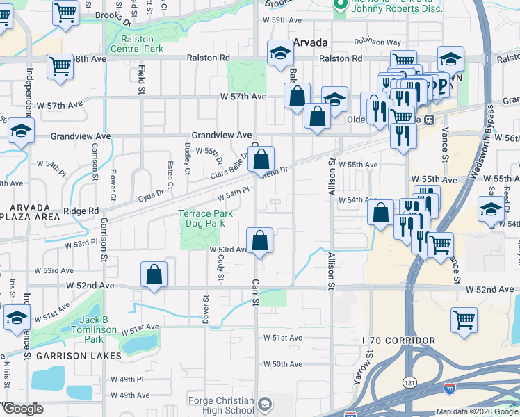 map of restaurants, bars, coffee shops, grocery stores, and more near 8255 West 54th Avenue in Arvada