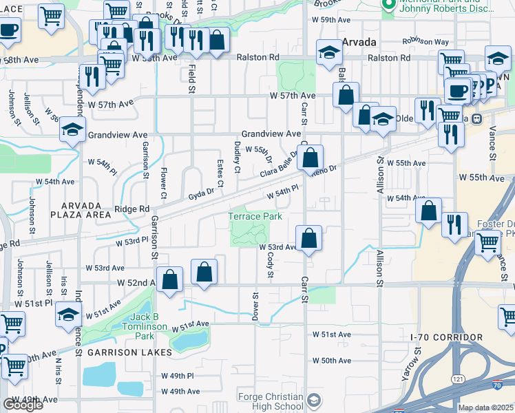 map of restaurants, bars, coffee shops, grocery stores, and more near 8733 West 54th Place in Arvada