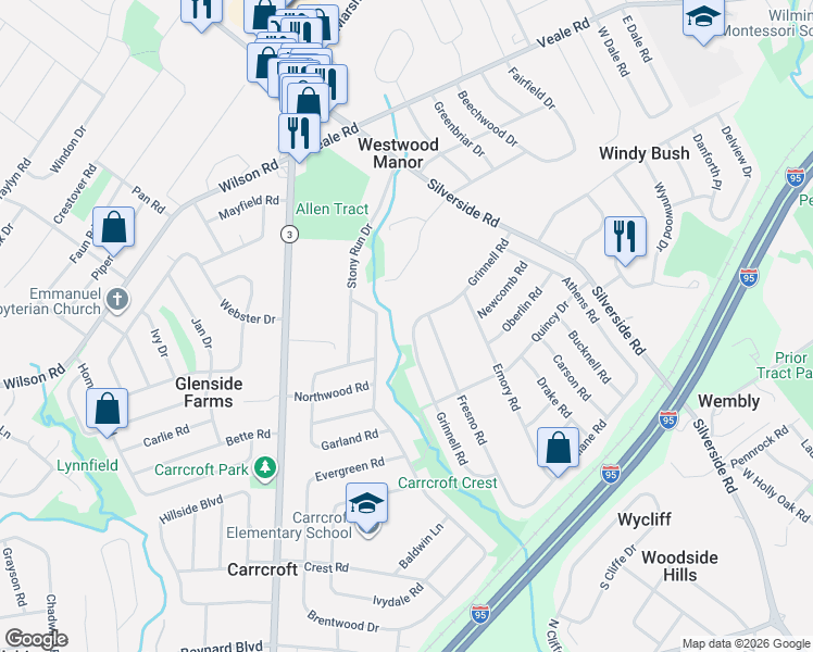 map of restaurants, bars, coffee shops, grocery stores, and more near 1220 Grinnell Road in Wilmington