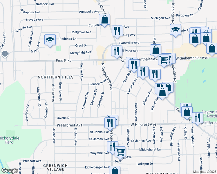 map of restaurants, bars, coffee shops, grocery stores, and more near 2574 Carnegie Street in Dayton