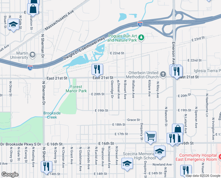 map of restaurants, bars, coffee shops, grocery stores, and more near 2022 Glenridge Drive in Indianapolis