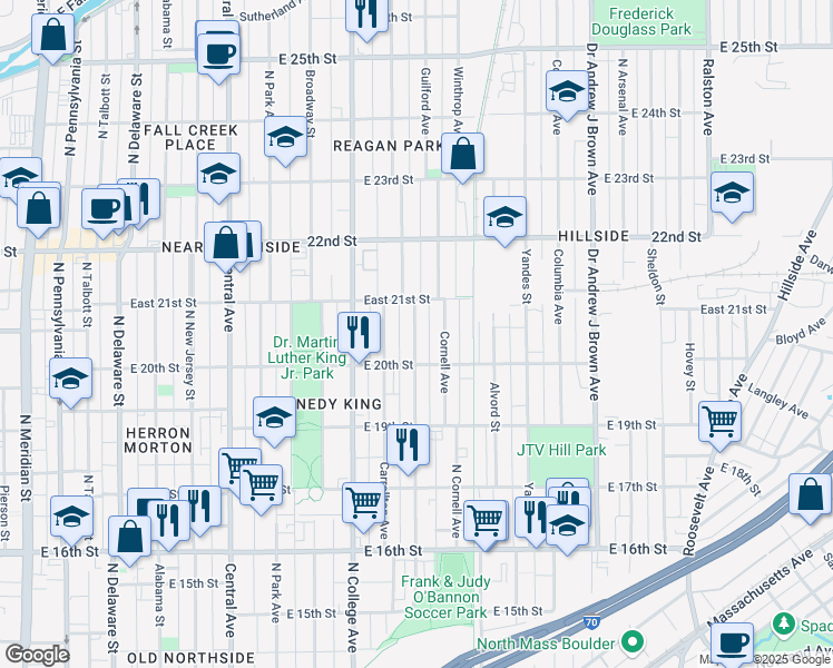 map of restaurants, bars, coffee shops, grocery stores, and more near 2037 Bellefontaine Street in Indianapolis