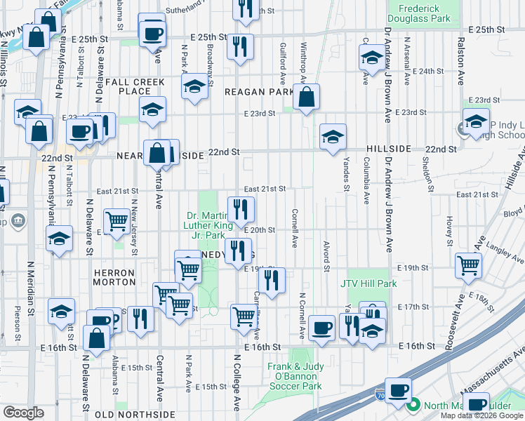 map of restaurants, bars, coffee shops, grocery stores, and more near 2035 Carrollton Avenue in Indianapolis