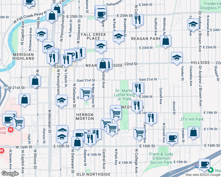 map of restaurants, bars, coffee shops, grocery stores, and more near 2037 Ruckle Street in Indianapolis