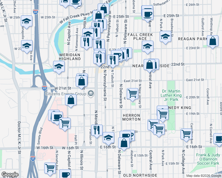 map of restaurants, bars, coffee shops, grocery stores, and more near 115 East 21st Street in Indianapolis