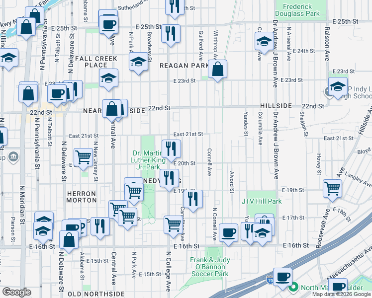 map of restaurants, bars, coffee shops, grocery stores, and more near 2035 Carrollton Avenue in Indianapolis
