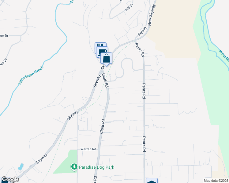 map of restaurants, bars, coffee shops, grocery stores, and more near 7196 Clark Road in Paradise