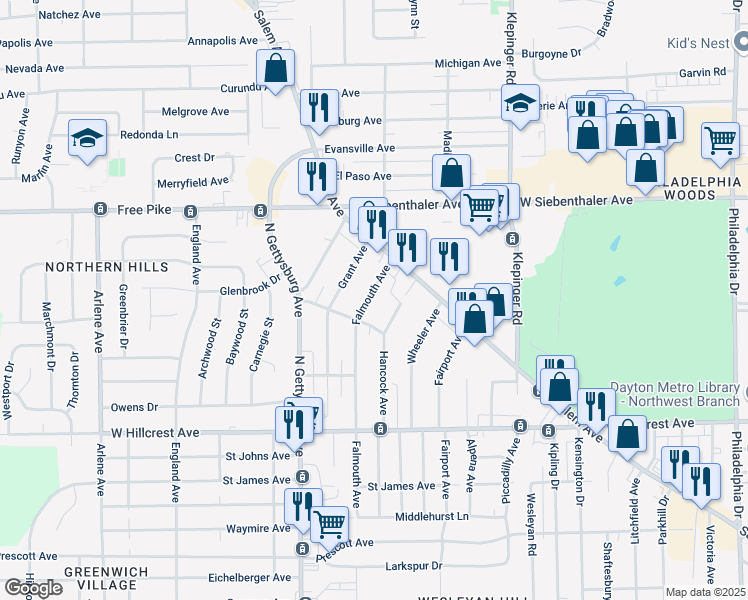 map of restaurants, bars, coffee shops, grocery stores, and more near 2626 Falmouth Avenue in Dayton