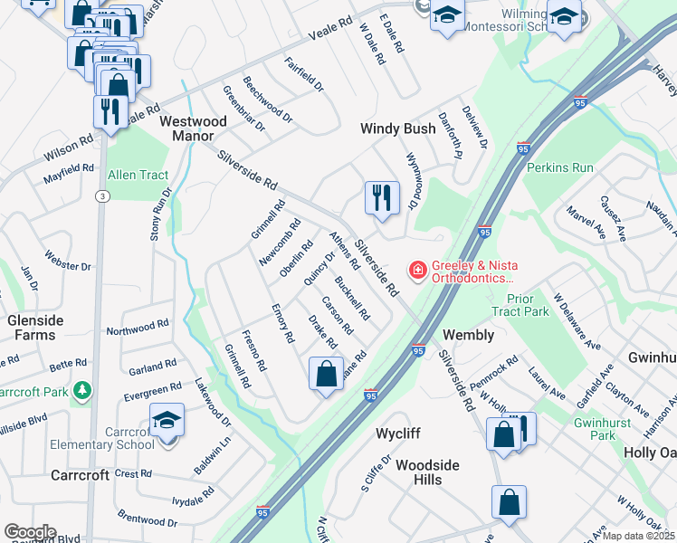 map of restaurants, bars, coffee shops, grocery stores, and more near 1425 Bucknell Road in Wilmington