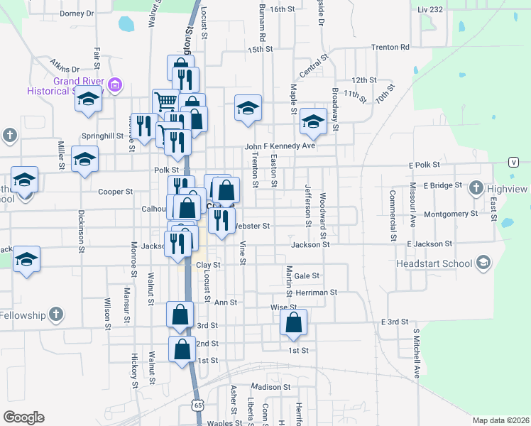 map of restaurants, bars, coffee shops, grocery stores, and more near 412 Calhoun Street in Chillicothe
