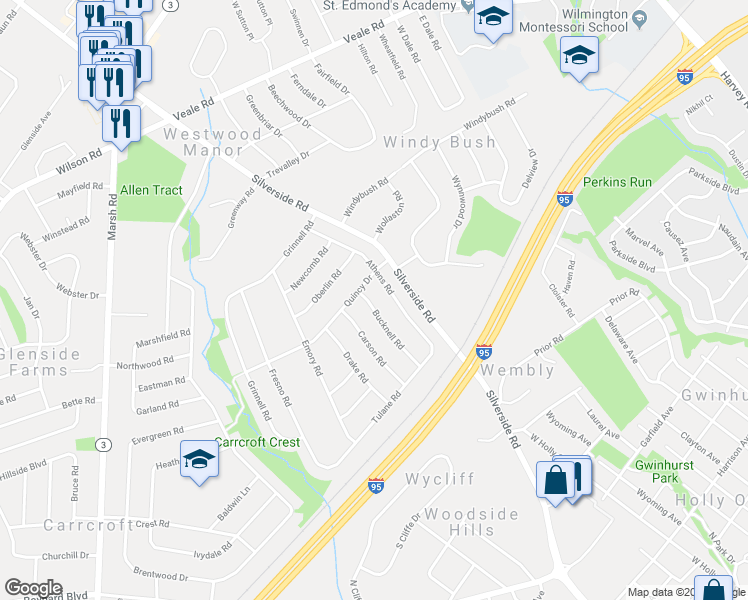 map of restaurants, bars, coffee shops, grocery stores, and more near 1425 Bucknell Road in Wilmington