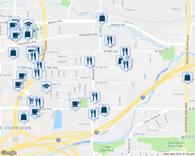map of restaurants, bars, coffee shops, grocery stores, and more near 5420 Marshall Street in Arvada