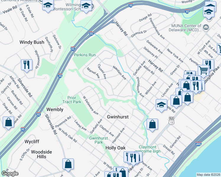 map of restaurants, bars, coffee shops, grocery stores, and more near 806 Causez Avenue in Claymont