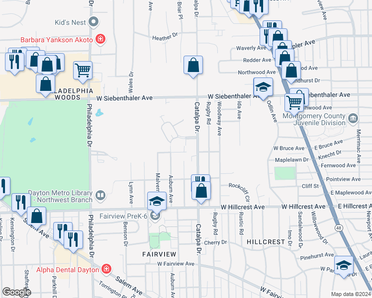 map of restaurants, bars, coffee shops, grocery stores, and more near 721 Golfview Avenue in Dayton
