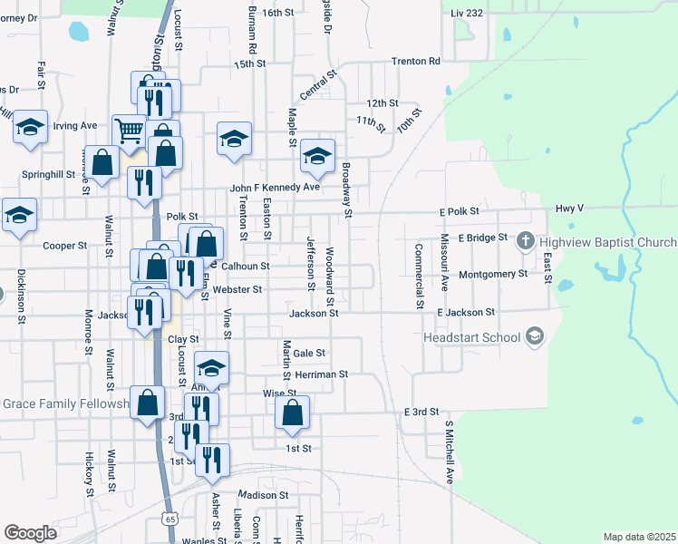 map of restaurants, bars, coffee shops, grocery stores, and more near 717 Broadway Street in Chillicothe