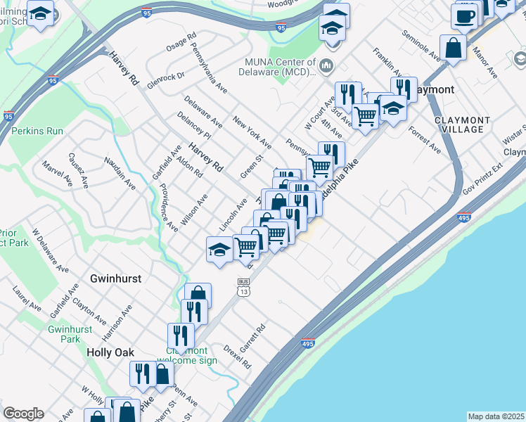 map of restaurants, bars, coffee shops, grocery stores, and more near 2620 Washington Avenue in Claymont