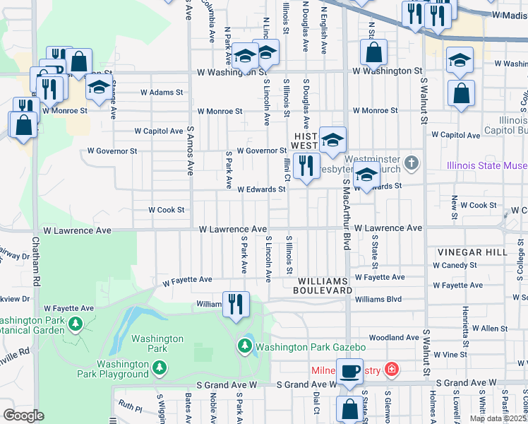 map of restaurants, bars, coffee shops, grocery stores, and more near 701 South Lincoln Avenue in Springfield