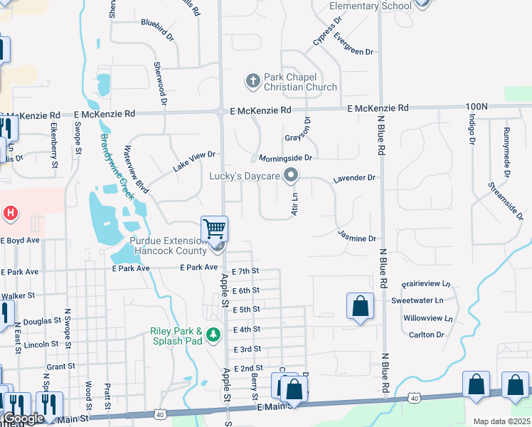 map of restaurants, bars, coffee shops, grocery stores, and more near 1108 East Mill Run Boulevard in Greenfield