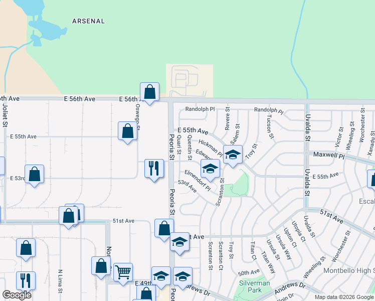 map of restaurants, bars, coffee shops, grocery stores, and more near 12303 Edwards Place in Denver