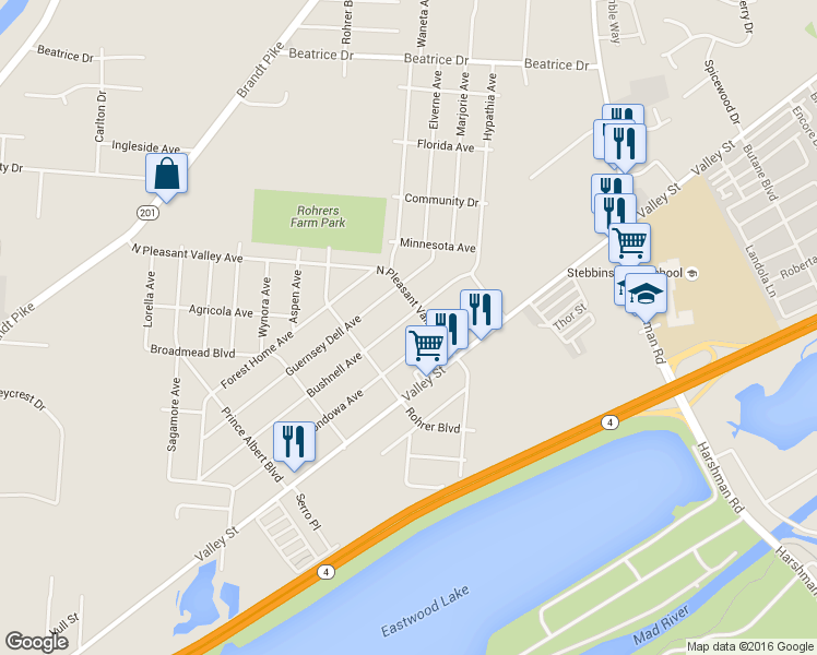 map of restaurants, bars, coffee shops, grocery stores, and more near 2546 Bushnell Ave in Dayton