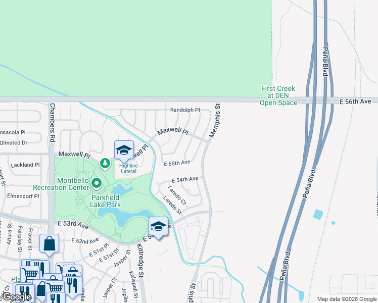 map of restaurants, bars, coffee shops, grocery stores, and more near 5506 Lewiston Street in Denver