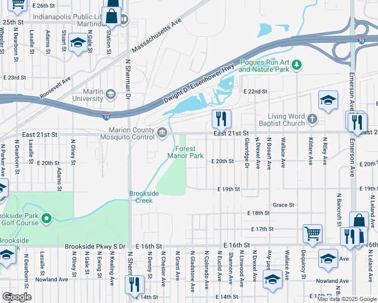 map of restaurants, bars, coffee shops, grocery stores, and more near 2021 Forest Manor Avenue in Indianapolis