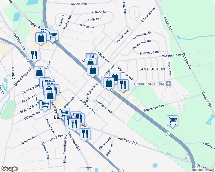 map of restaurants, bars, coffee shops, grocery stores, and more near 399 New Jersey 73 in Berlin