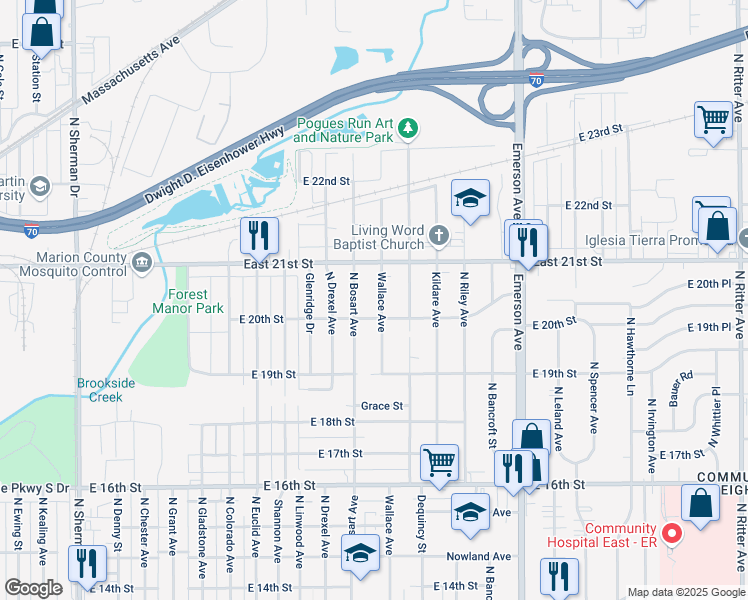 map of restaurants, bars, coffee shops, grocery stores, and more near 2018 Wallace Avenue in Indianapolis
