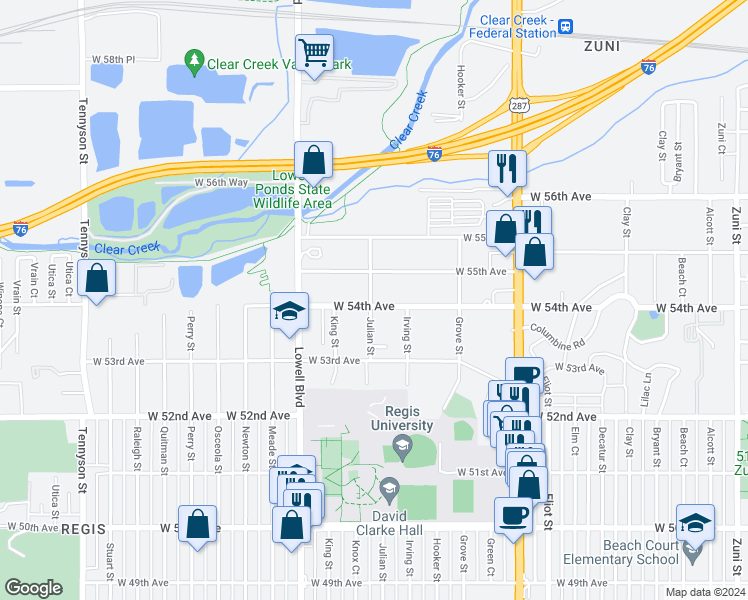 map of restaurants, bars, coffee shops, grocery stores, and more near 3355 West 54th Avenue in Denver