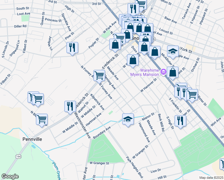 map of restaurants, bars, coffee shops, grocery stores, and more near 455 West Middle Street in Hanover