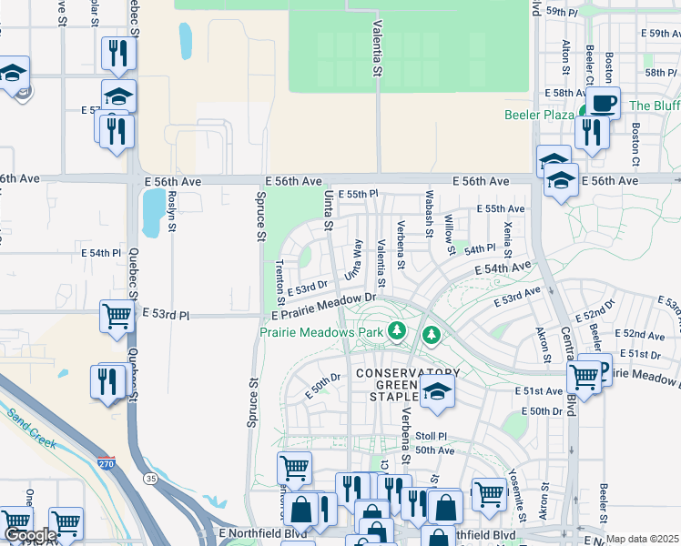 map of restaurants, bars, coffee shops, grocery stores, and more near 5394 Uinta Street in Denver