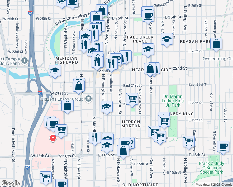 map of restaurants, bars, coffee shops, grocery stores, and more near 2040 North Delaware Street in Indianapolis