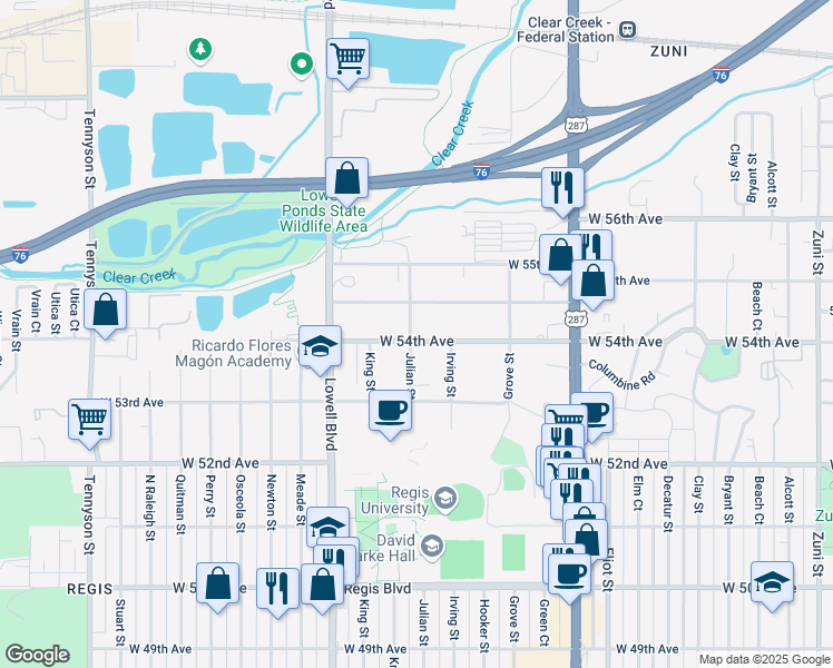 map of restaurants, bars, coffee shops, grocery stores, and more near 3355 West 54th Avenue in Denver