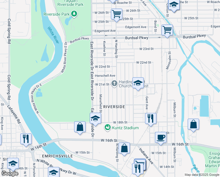 map of restaurants, bars, coffee shops, grocery stores, and more near 2029 Koehne Street in Indianapolis