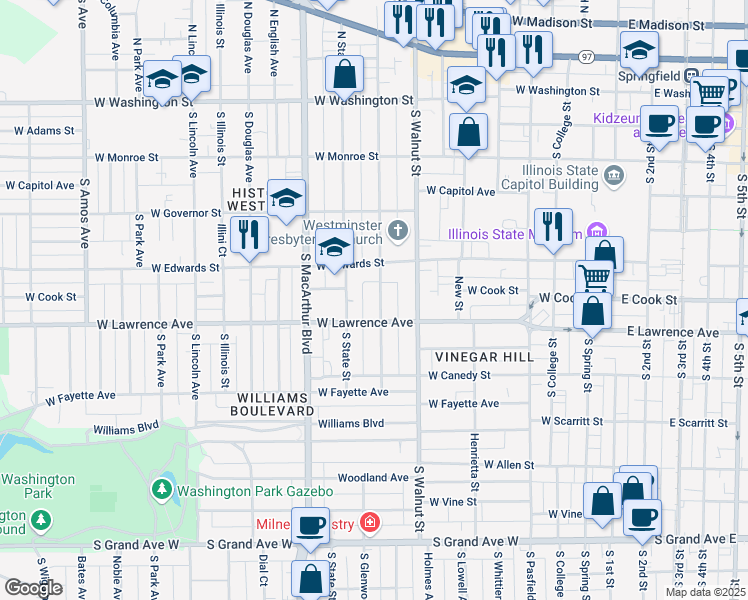 map of restaurants, bars, coffee shops, grocery stores, and more near 637 South Glenwood Avenue in Springfield