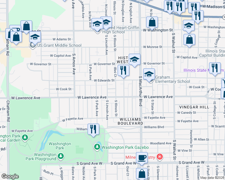 map of restaurants, bars, coffee shops, grocery stores, and more near 700 South Illinois Street in Springfield