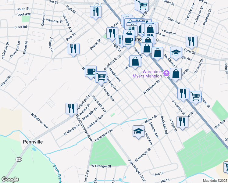 map of restaurants, bars, coffee shops, grocery stores, and more near 455 West Middle Street in Hanover