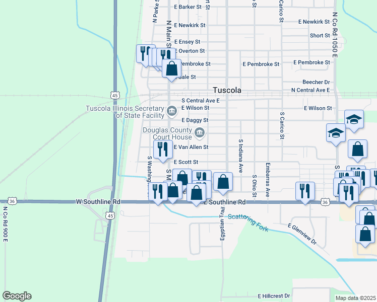 map of restaurants, bars, coffee shops, grocery stores, and more near 203 East Van Allen Street in Tuscola