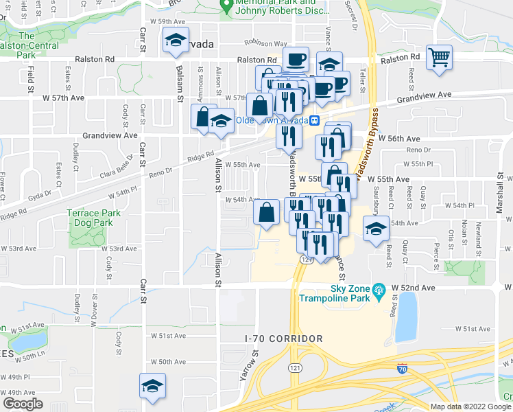 map of restaurants, bars, coffee shops, grocery stores, and more near 7640 West 54th Avenue in Arvada